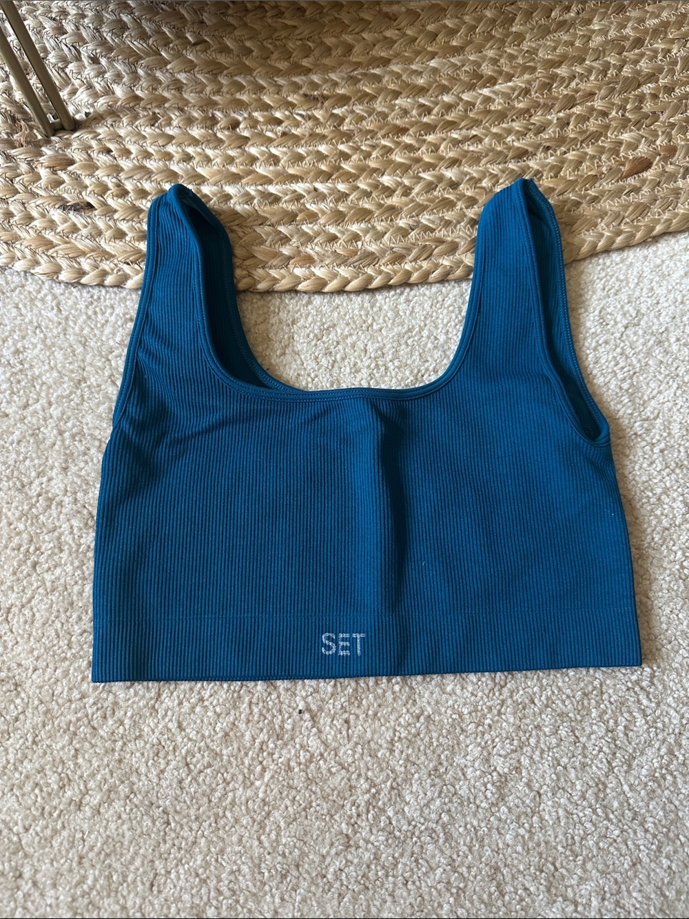 Ribbed Teal Sports Bra with SET Logo
